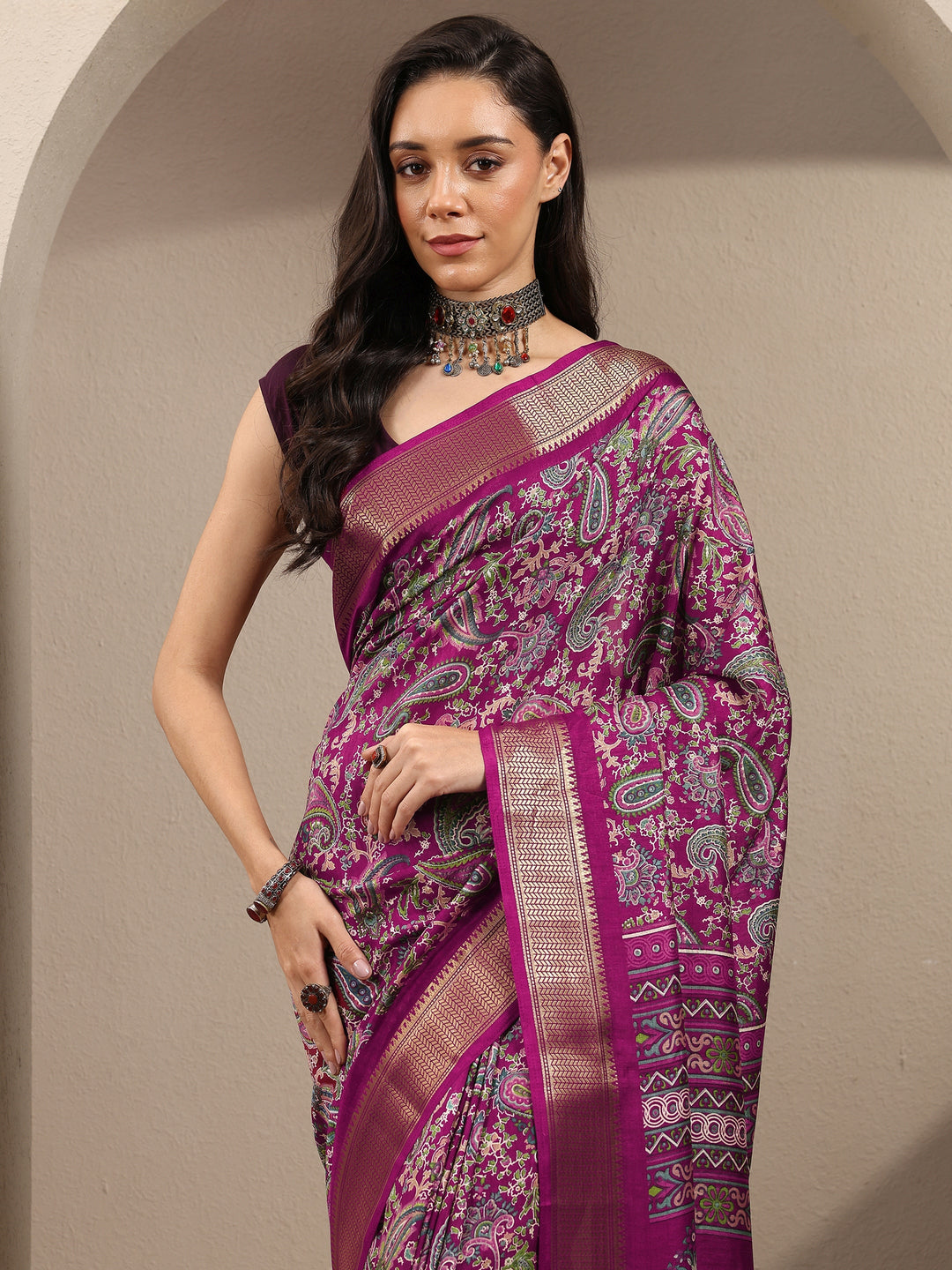  Burgundy Paisley Printed Silk Blend Saree With Unstitched Blouse Piece 