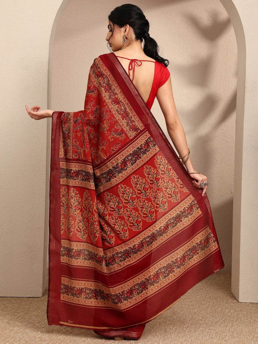  Brown Paisley Printed Silk Blend Saree With Unstitched Blouse Piece 