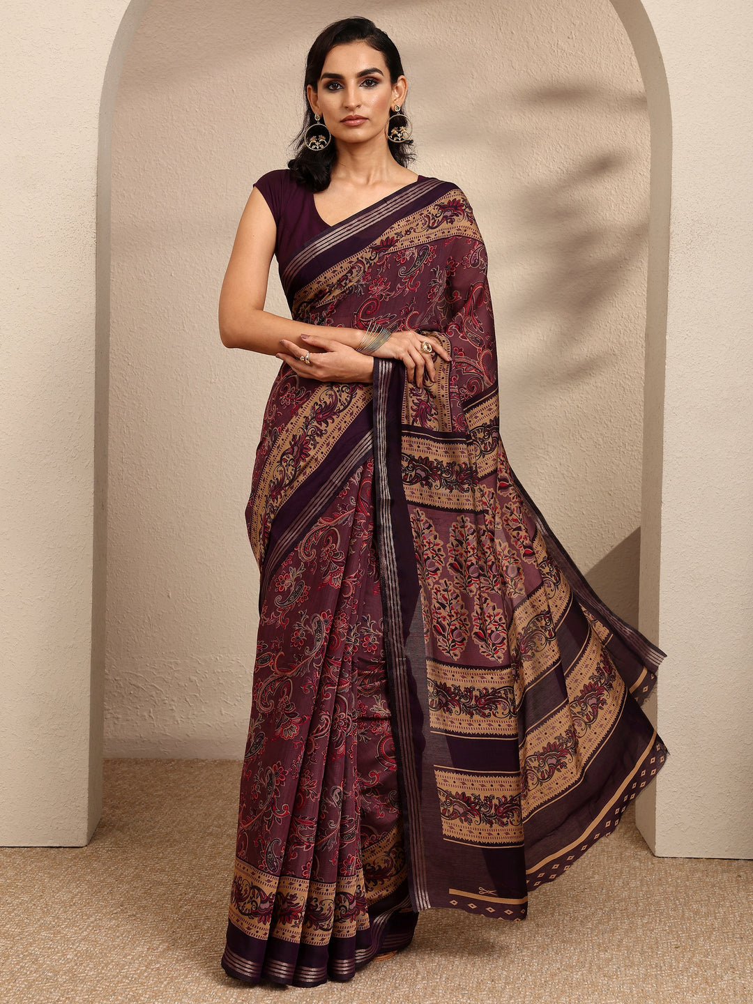  Purple Paisley Printed Silk Blend Saree With Unstitched Blouse Piece 