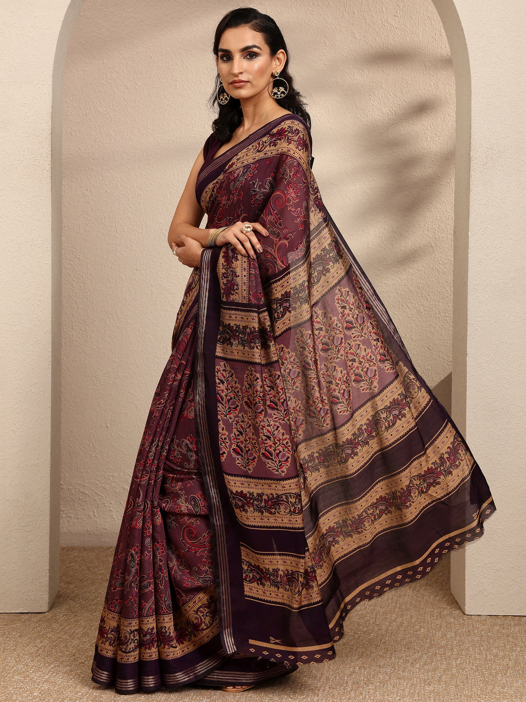  Purple Paisley Printed Silk Blend Saree With Unstitched Blouse Piece 