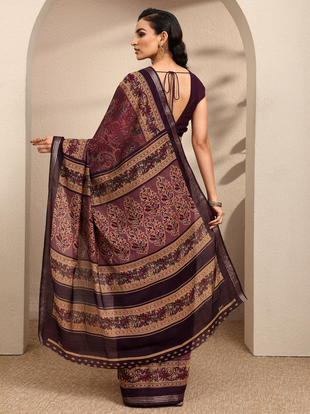  Purple Paisley Printed Silk Blend Saree With Unstitched Blouse Piece 