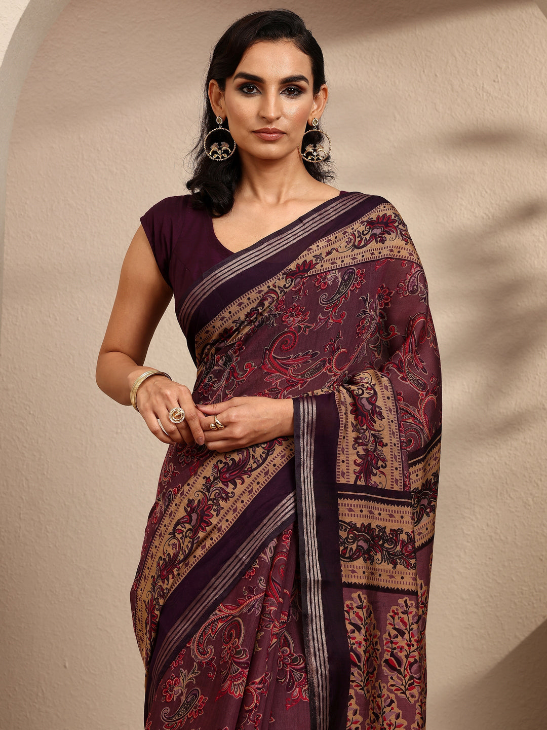  Purple Paisley Printed Silk Blend Saree With Unstitched Blouse Piece 