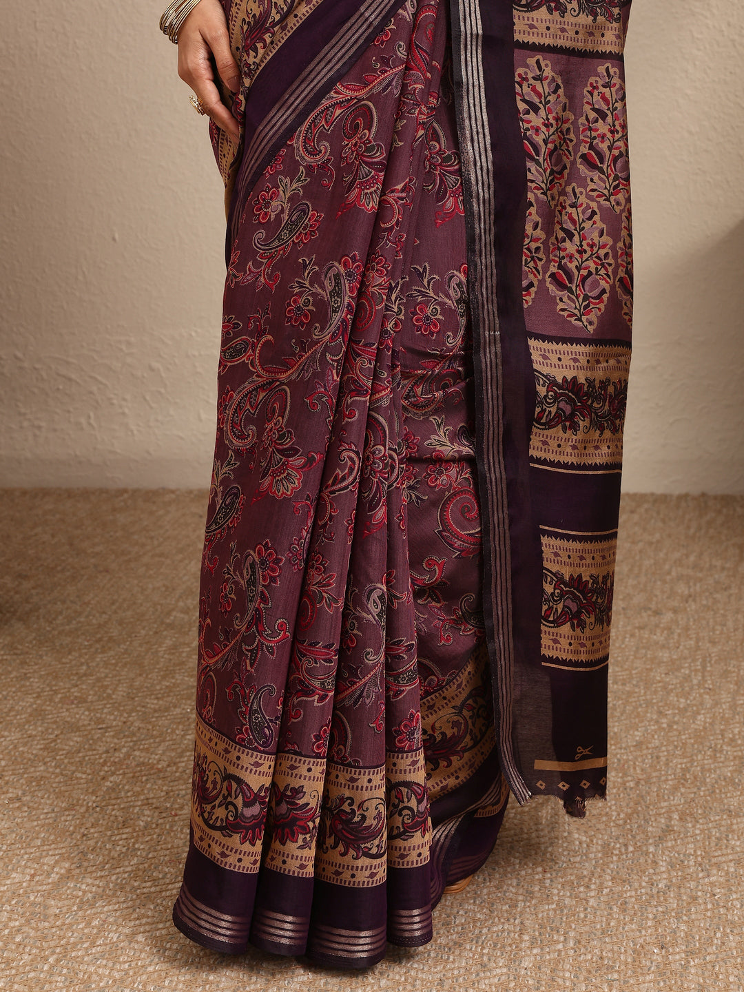  Purple Paisley Printed Silk Blend Saree With Unstitched Blouse Piece 