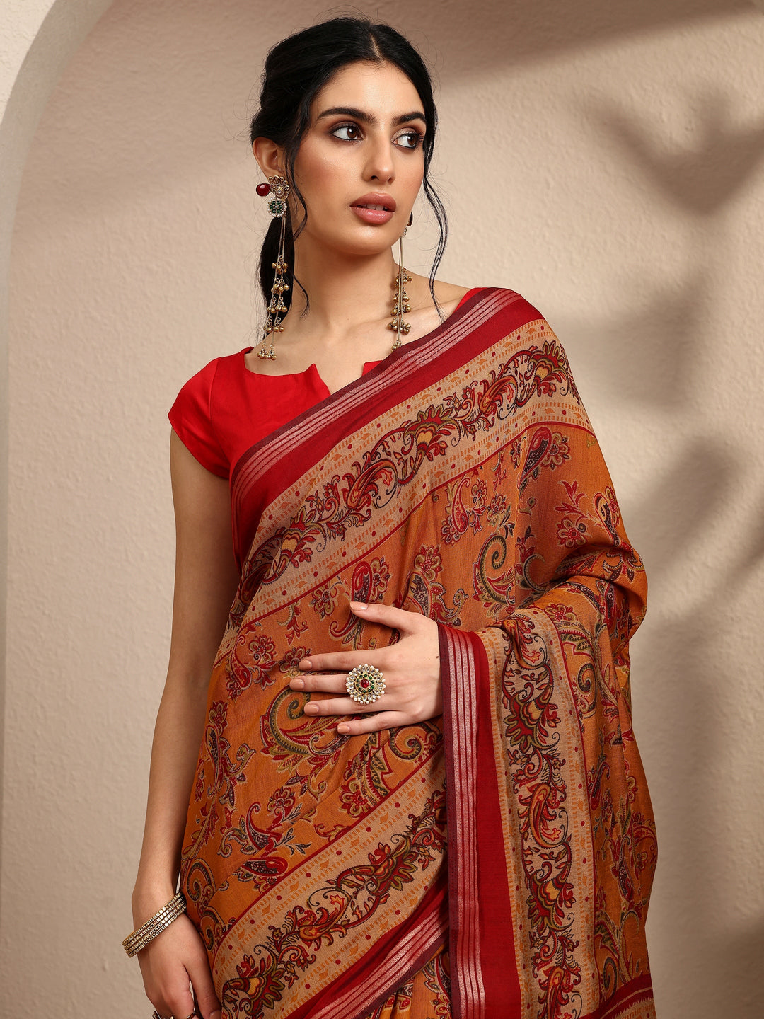  Mustard Paisley Printed Silk Blend Saree With Unstitched Blouse Piece 