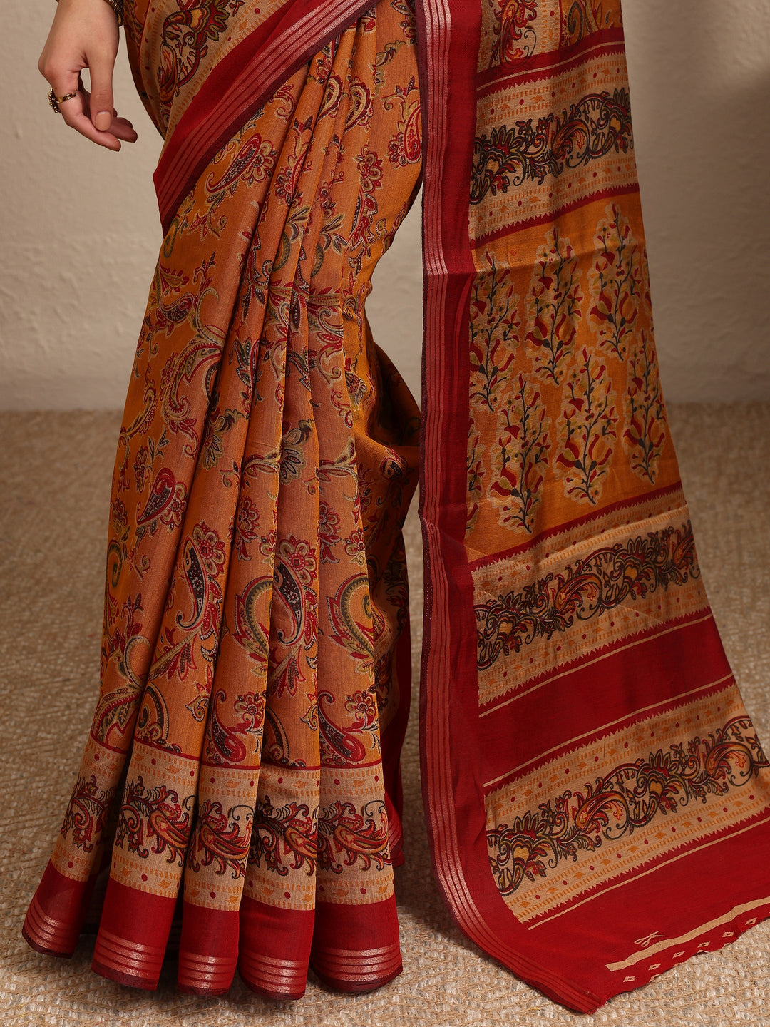  Mustard Paisley Printed Silk Blend Saree With Unstitched Blouse Piece 
