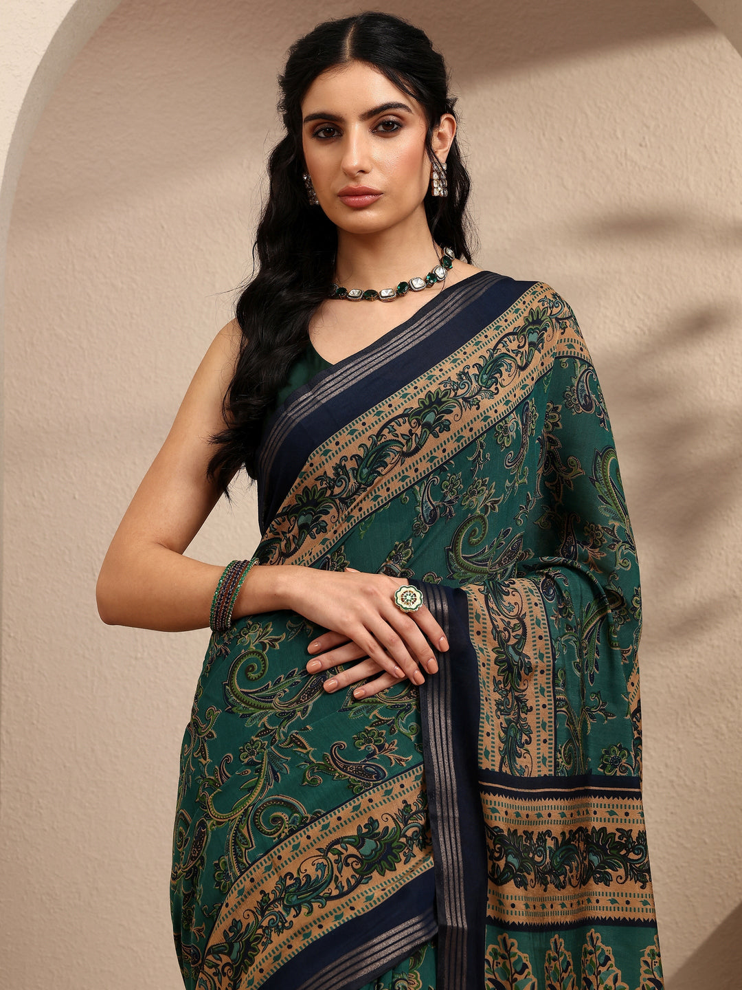  Green Paisley Printed Silk Blend Saree With Unstitched Blouse Piece 