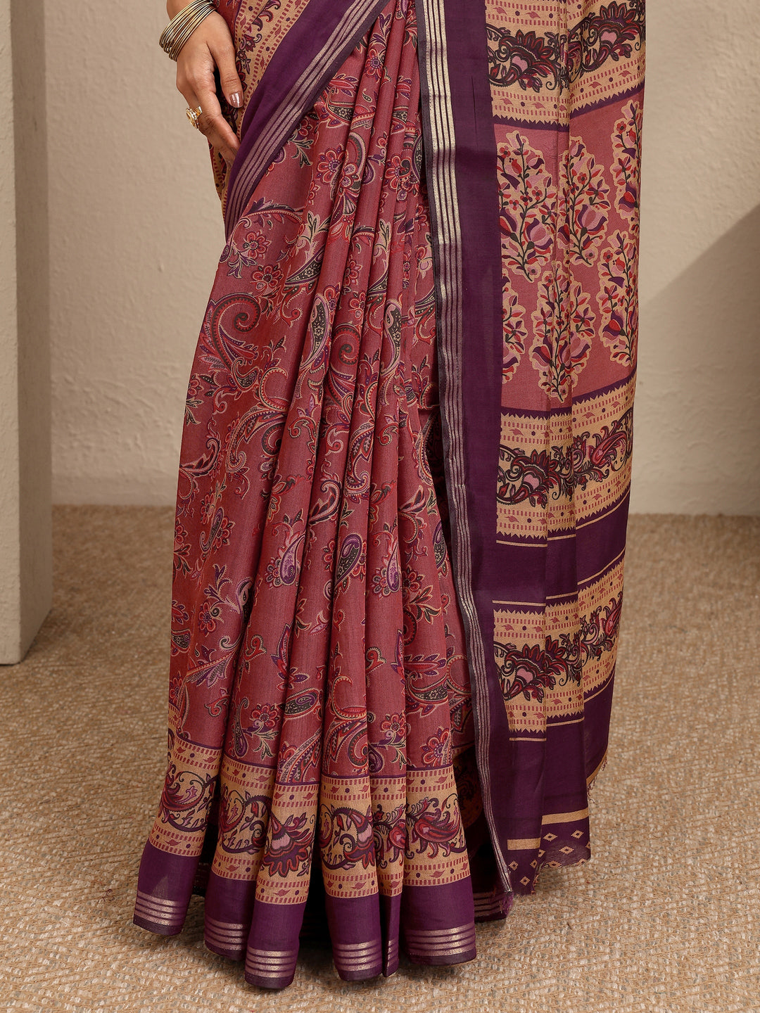  Brown Paisley Printed Silk Blend Saree With Unstitched Blouse Piece 