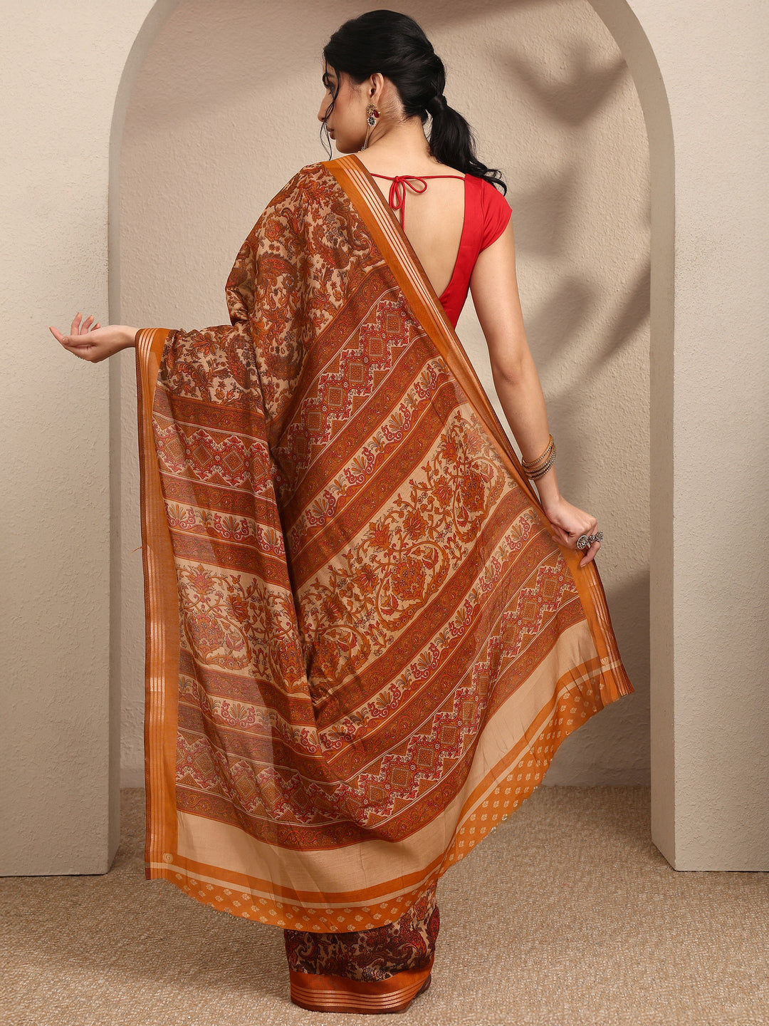  Brown Paisley Printed Silk Blend Saree With Unstitched Blouse Piece 