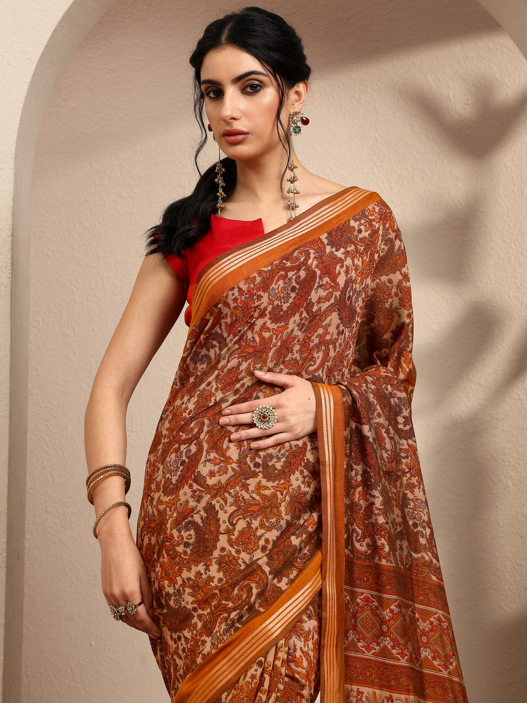  Brown Paisley Printed Silk Blend Saree With Unstitched Blouse Piece 