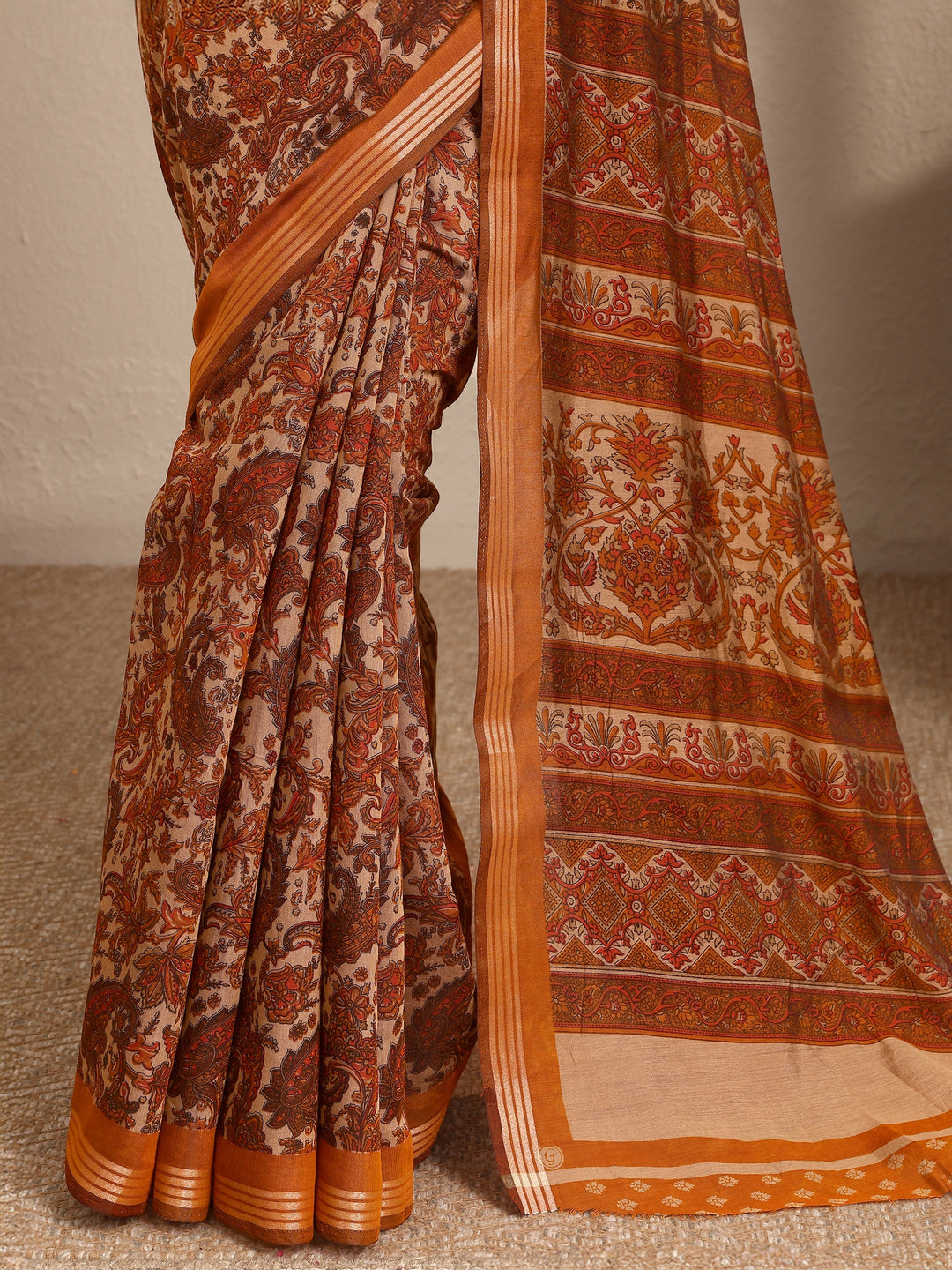  Brown Paisley Printed Silk Blend Saree With Unstitched Blouse Piece 