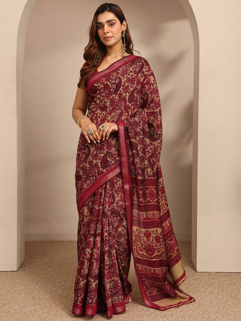 Libas Red Paisley Printed Silk Blend Saree With Unstitched Blouse Piece