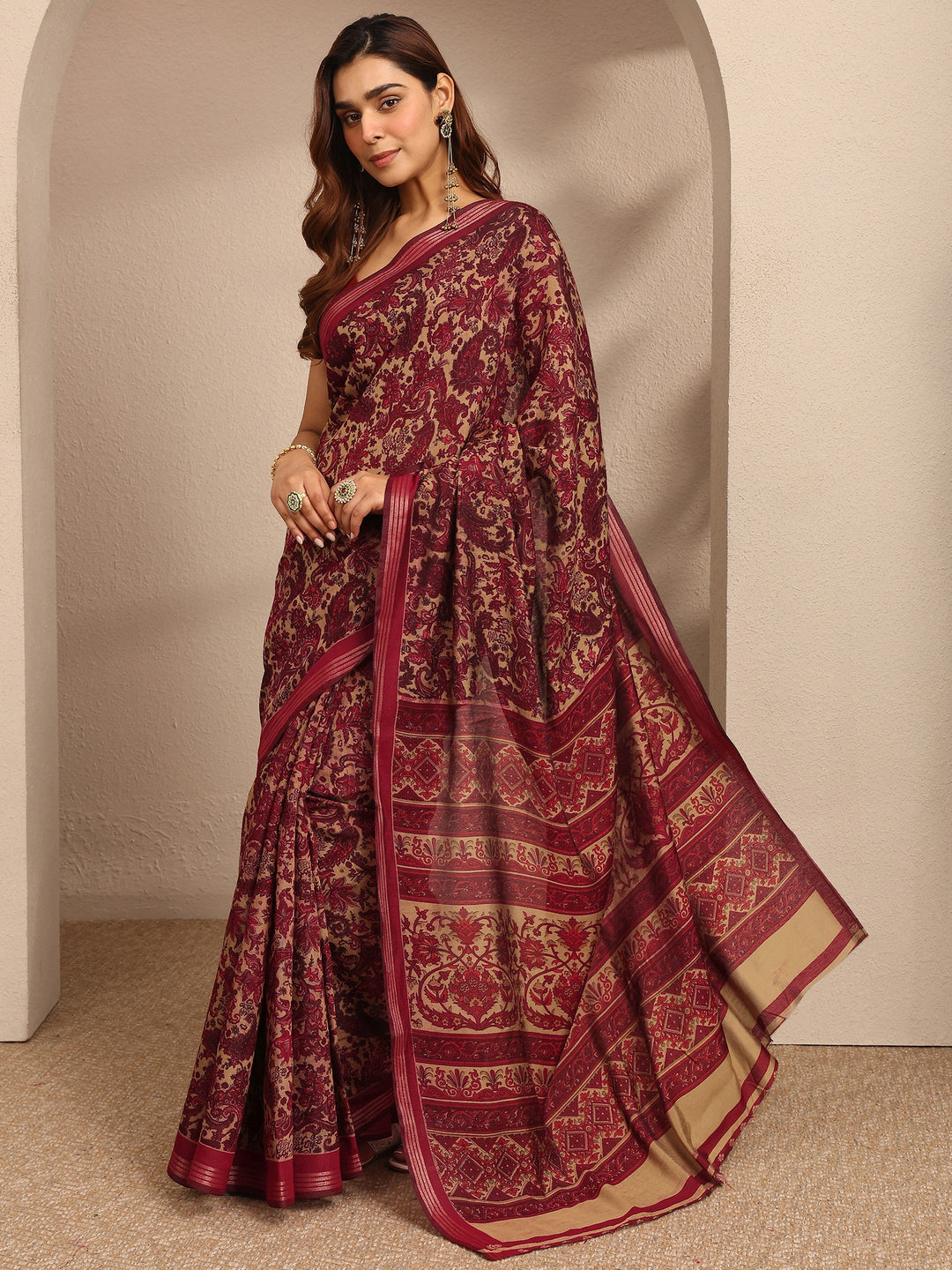  Red Paisley Printed Silk Blend Saree With Unstitched Blouse Piece 