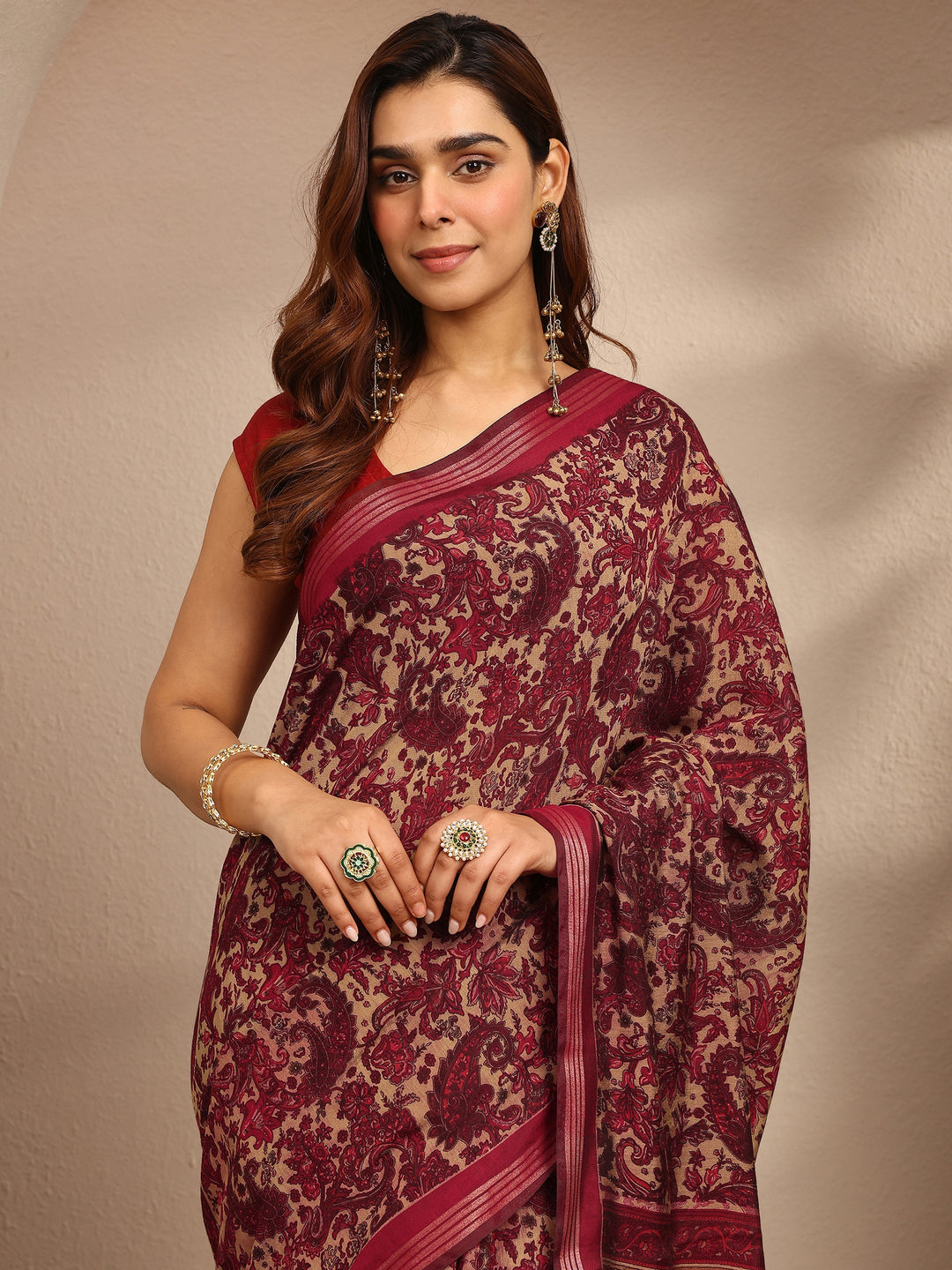  Red Paisley Printed Silk Blend Saree With Unstitched Blouse Piece 