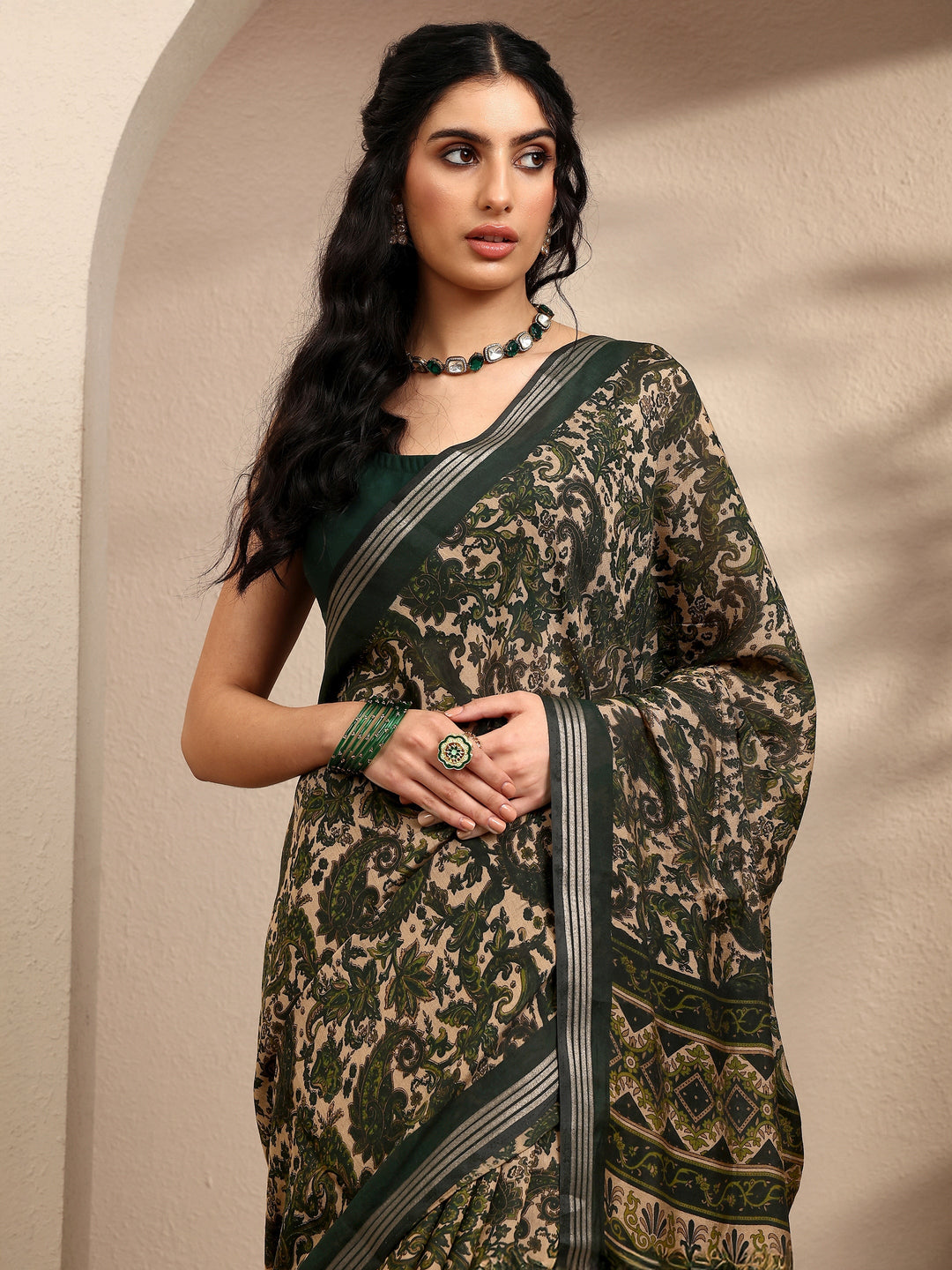  Green Paisley Printed Silk Blend Saree With Unstitched Blouse Piece 