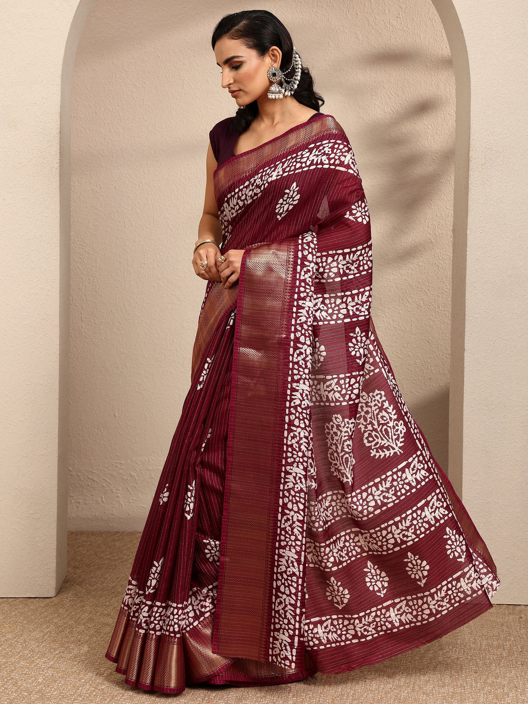  Burgundy Printed Silk Blend Saree With Unstitched Blouse Piece 
