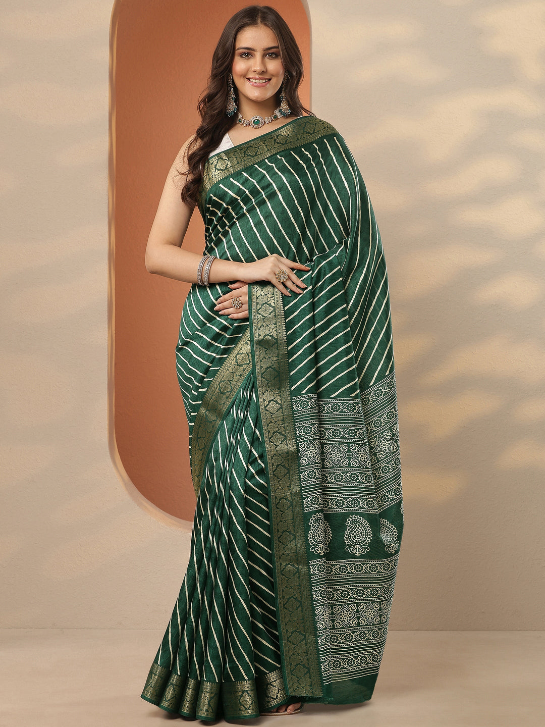 Green Leheriya Printed Silk Blend Saree With Unstitched Blouse Piece 