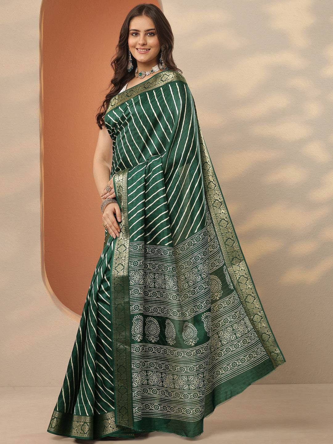  Green Leheriya Printed Silk Blend Saree With Unstitched Blouse Piece 