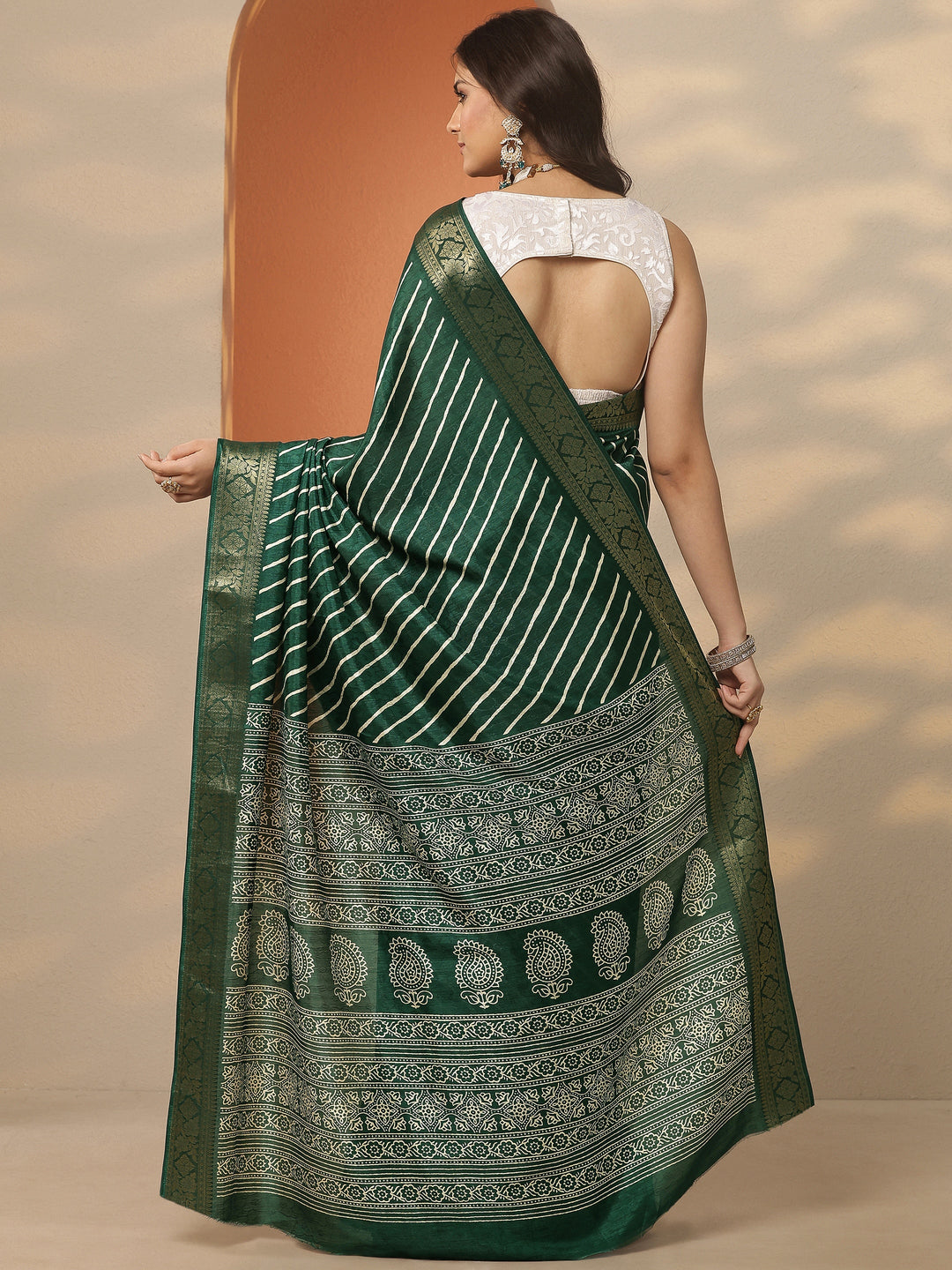  Green Leheriya Printed Silk Blend Saree With Unstitched Blouse Piece 