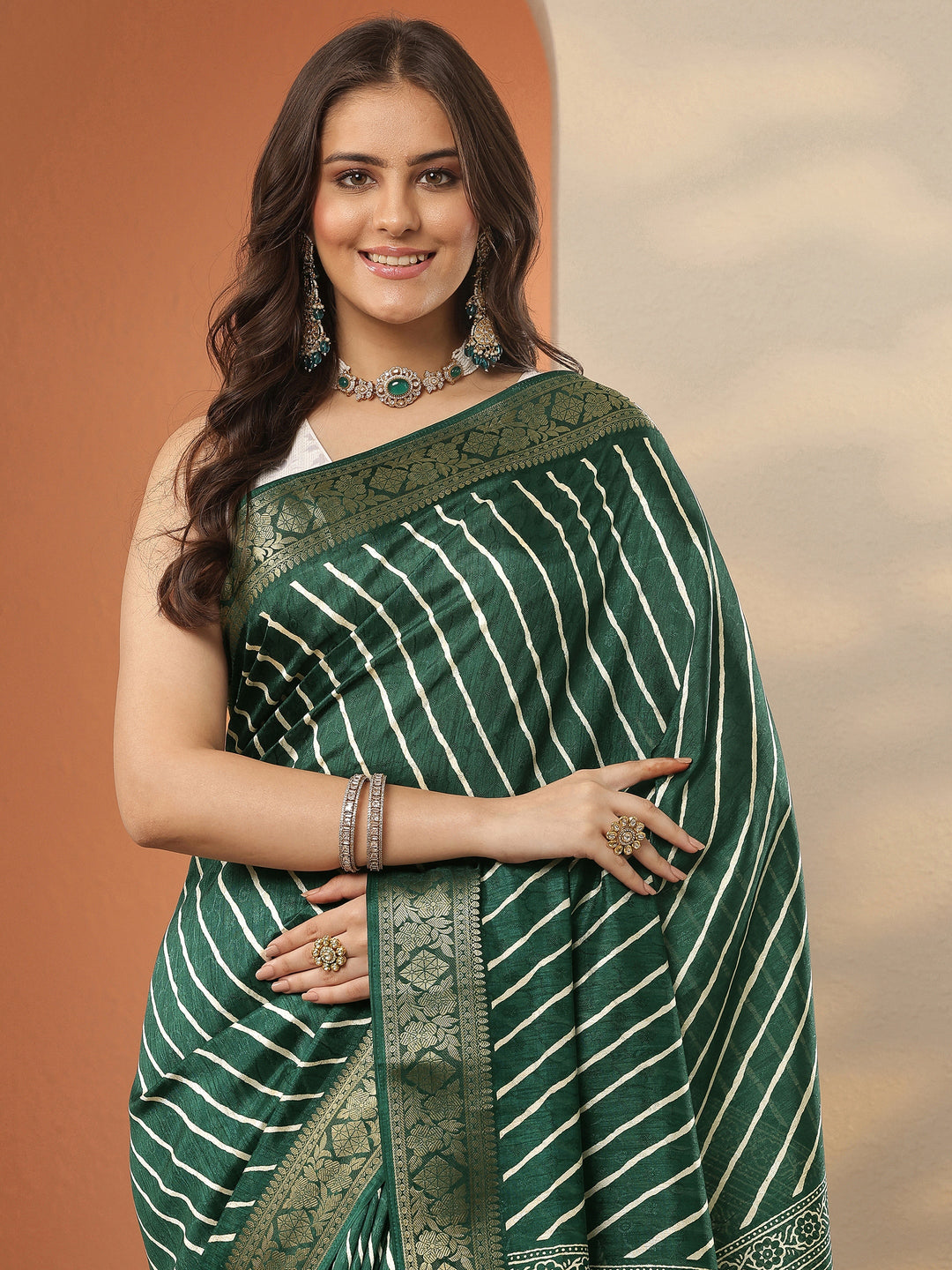  Green Leheriya Printed Silk Blend Saree With Unstitched Blouse Piece 