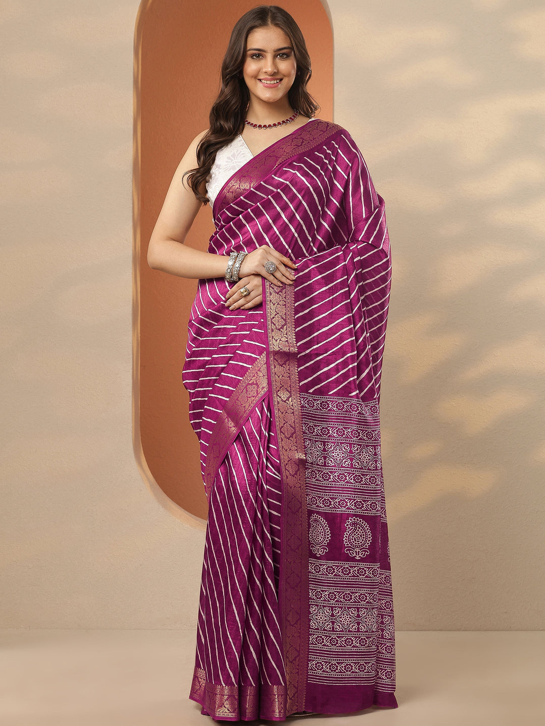  Burgundy Leheriya Printed Silk Blend Saree With Unstitched Blouse Piece 