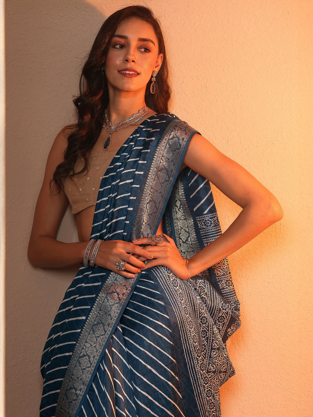  Navy blue Leheriya Printed Silk Blend Saree With Unstitched Blouse Piece 