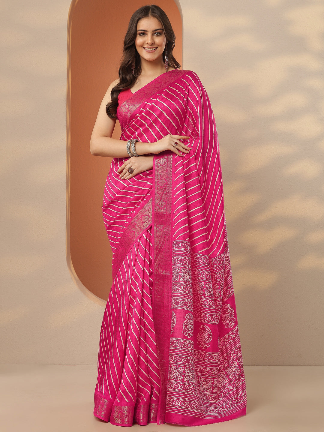  Pink Leheriya Printed Silk Blend Saree With Unstitched Blouse Piece 