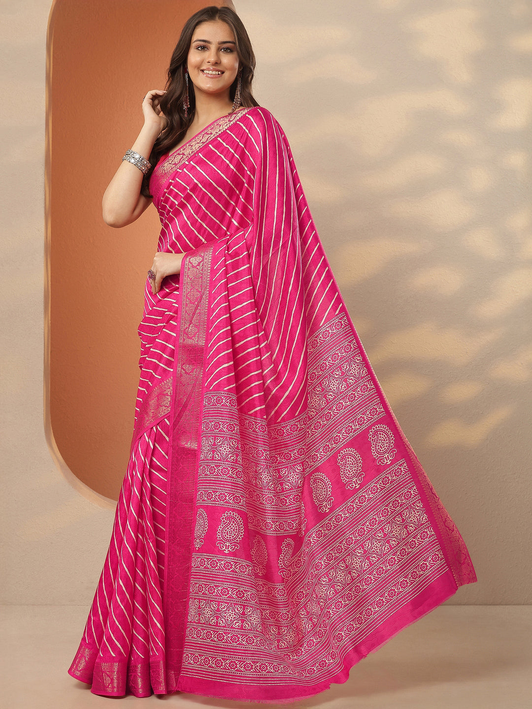  Pink Leheriya Printed Silk Blend Saree With Unstitched Blouse Piece 