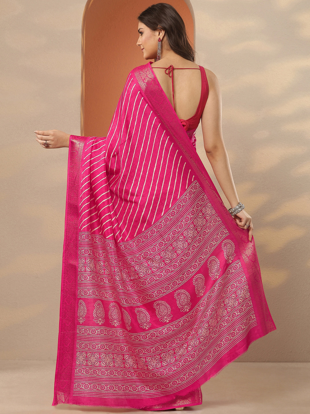  Pink Leheriya Printed Silk Blend Saree With Unstitched Blouse Piece 