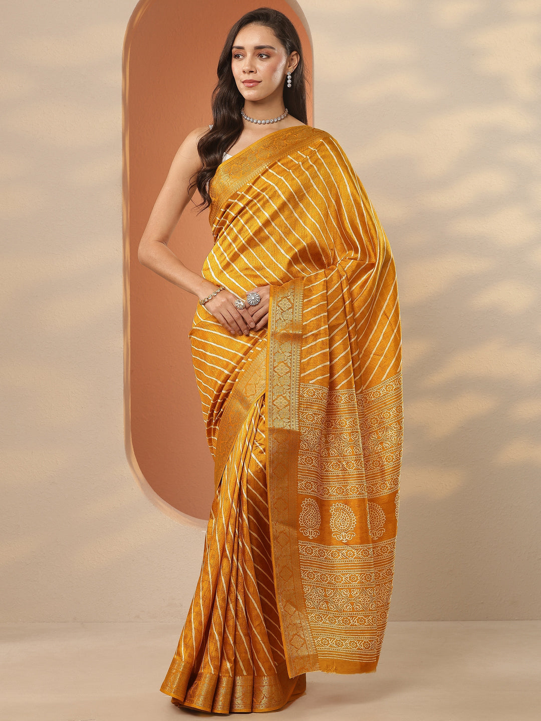  Mustard Leheriya Printed Silk Blend Saree With Unstitched Blouse Piece 