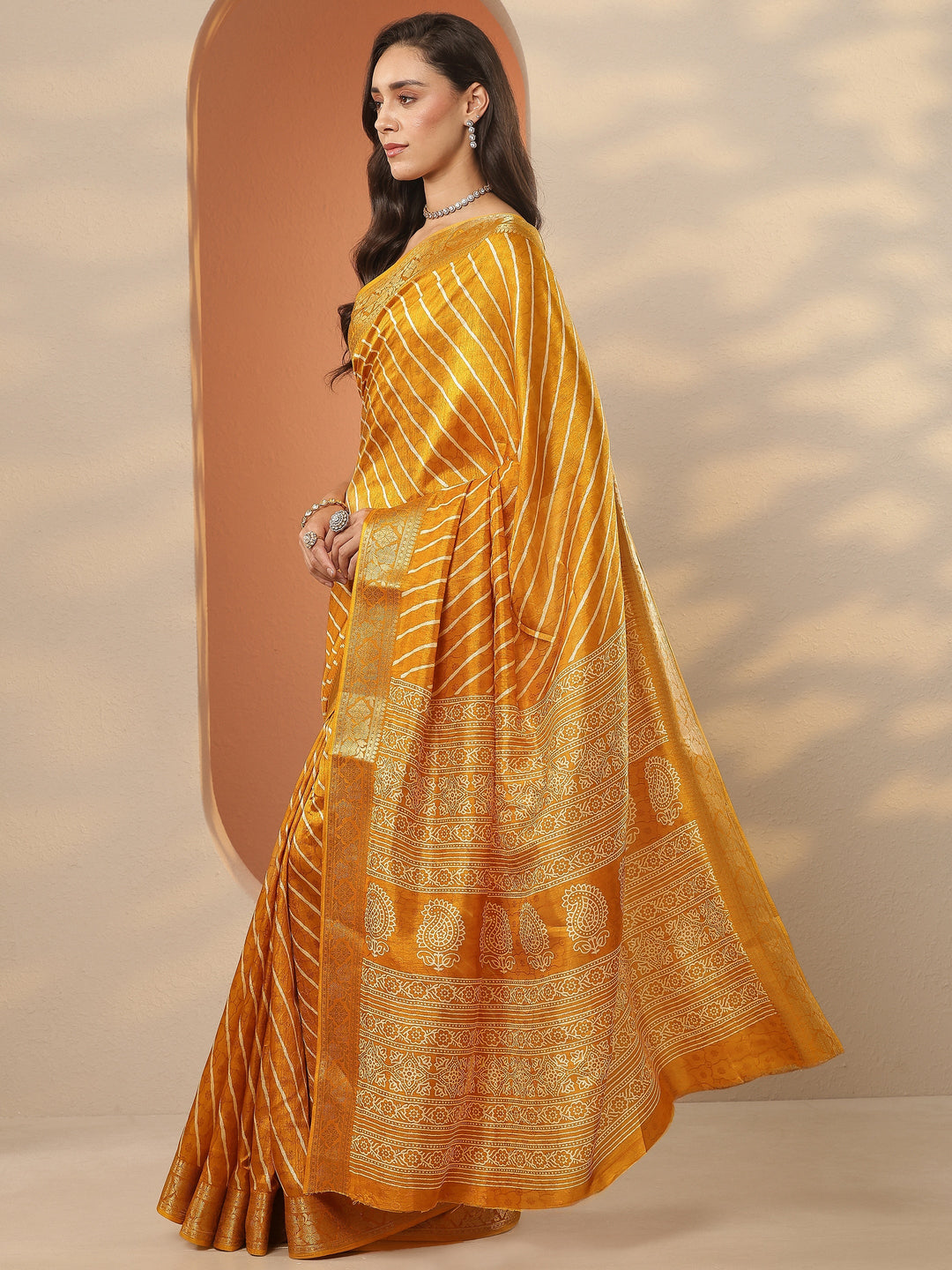  Mustard Leheriya Printed Silk Blend Saree With Unstitched Blouse Piece 