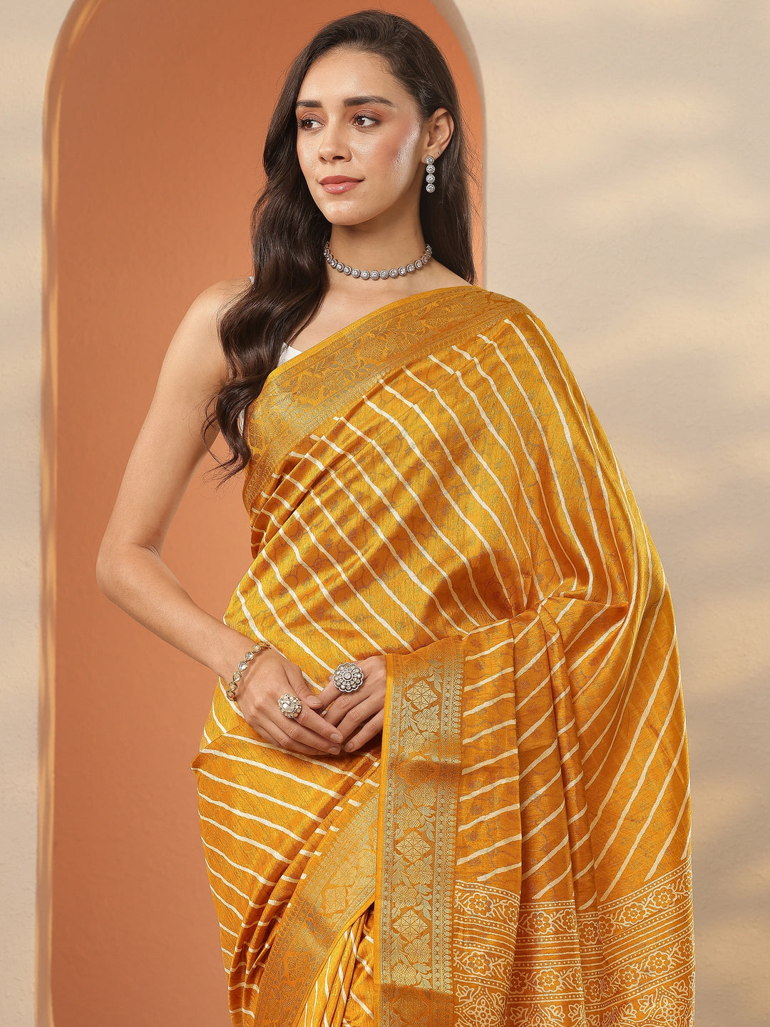  Mustard Leheriya Printed Silk Blend Saree With Unstitched Blouse Piece 