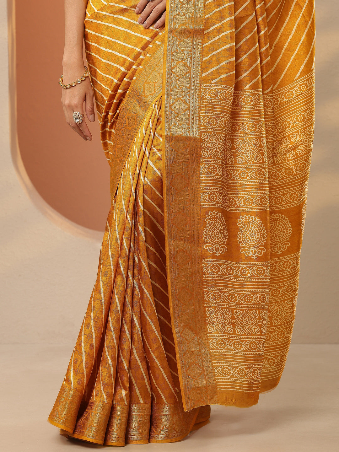  Mustard Leheriya Printed Silk Blend Saree With Unstitched Blouse Piece 
