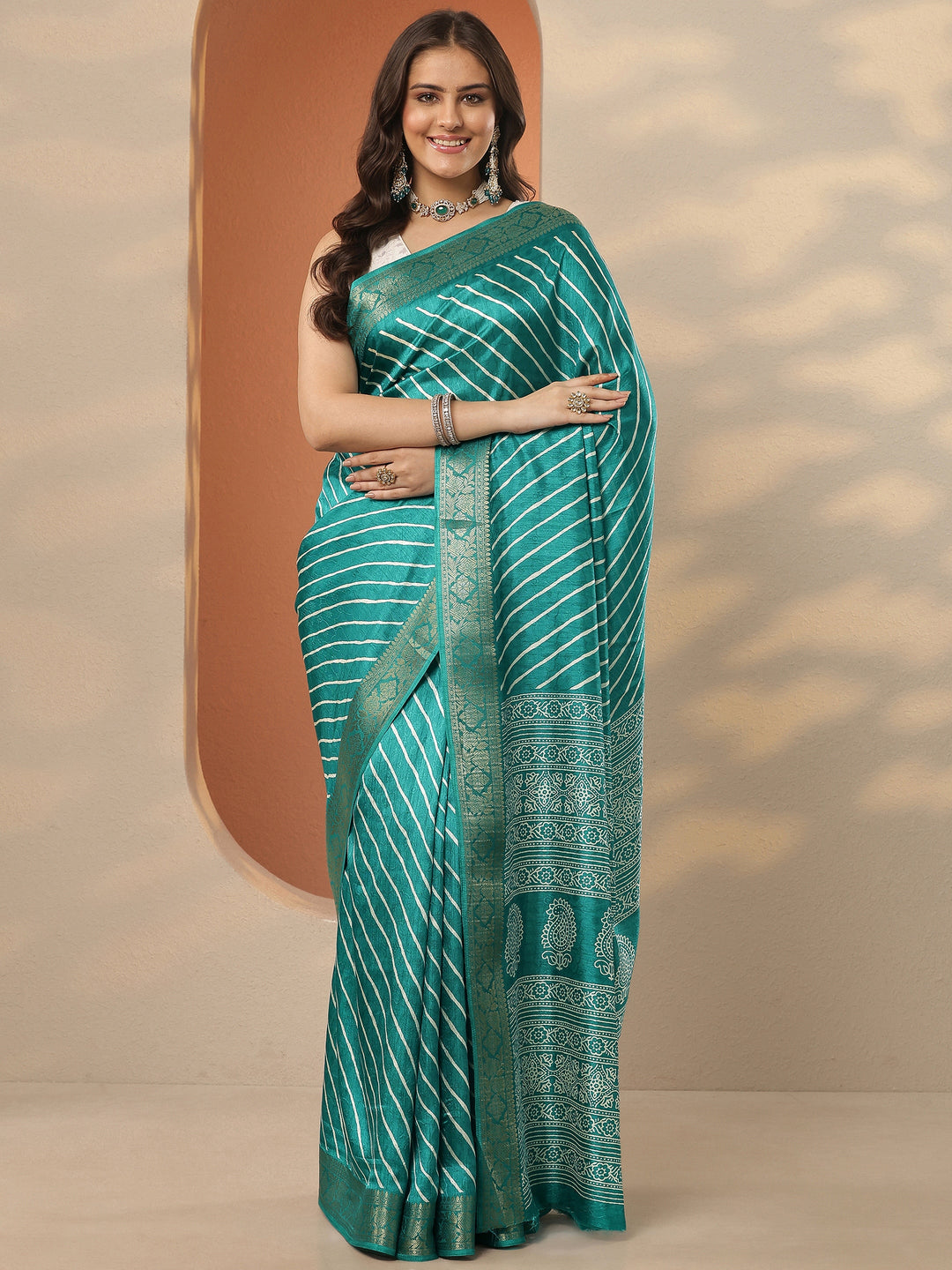  Green Leheriya Printed Silk Blend Saree With Unstitched Blouse Piece 