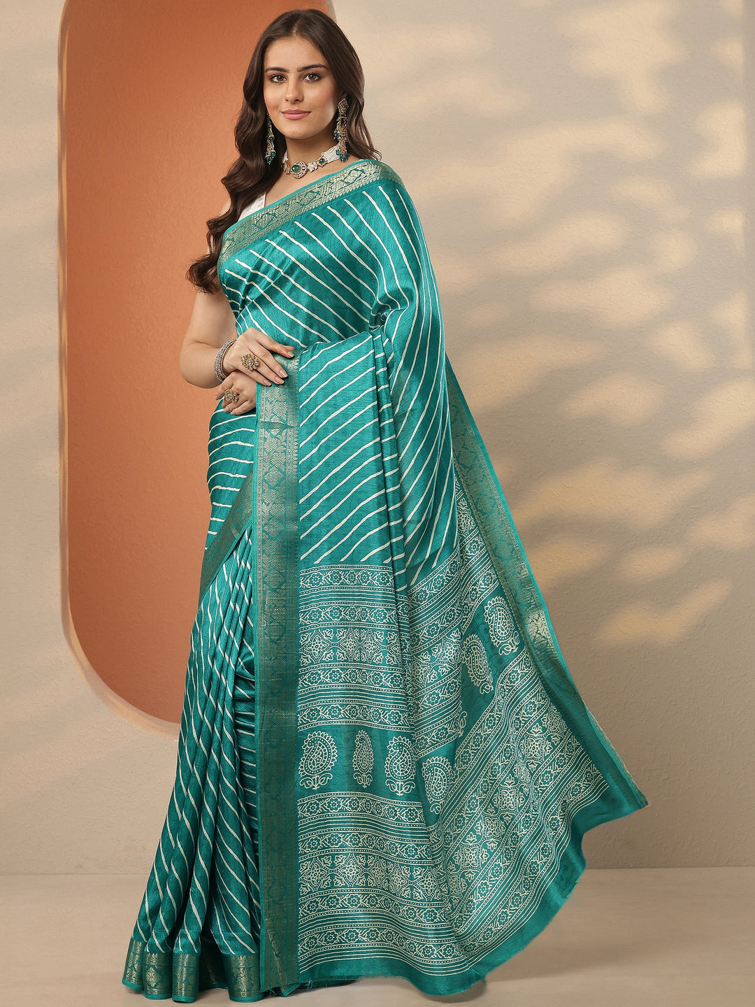  Green Leheriya Printed Silk Blend Saree With Unstitched Blouse Piece 