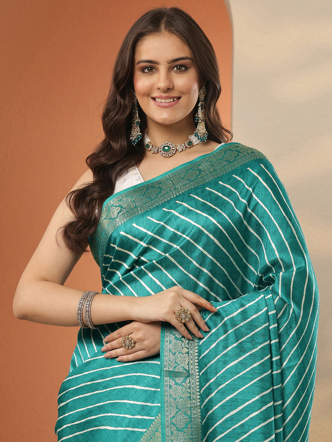  Green Leheriya Printed Silk Blend Saree With Unstitched Blouse Piece 