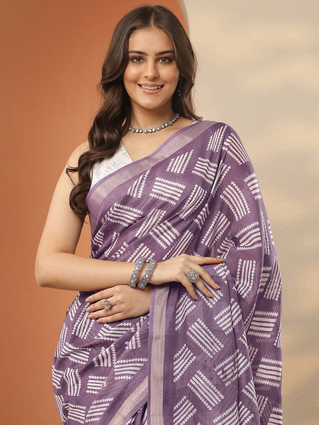  Lavender Printed Silk Blend Saree With Unstitched Blouse Piece 