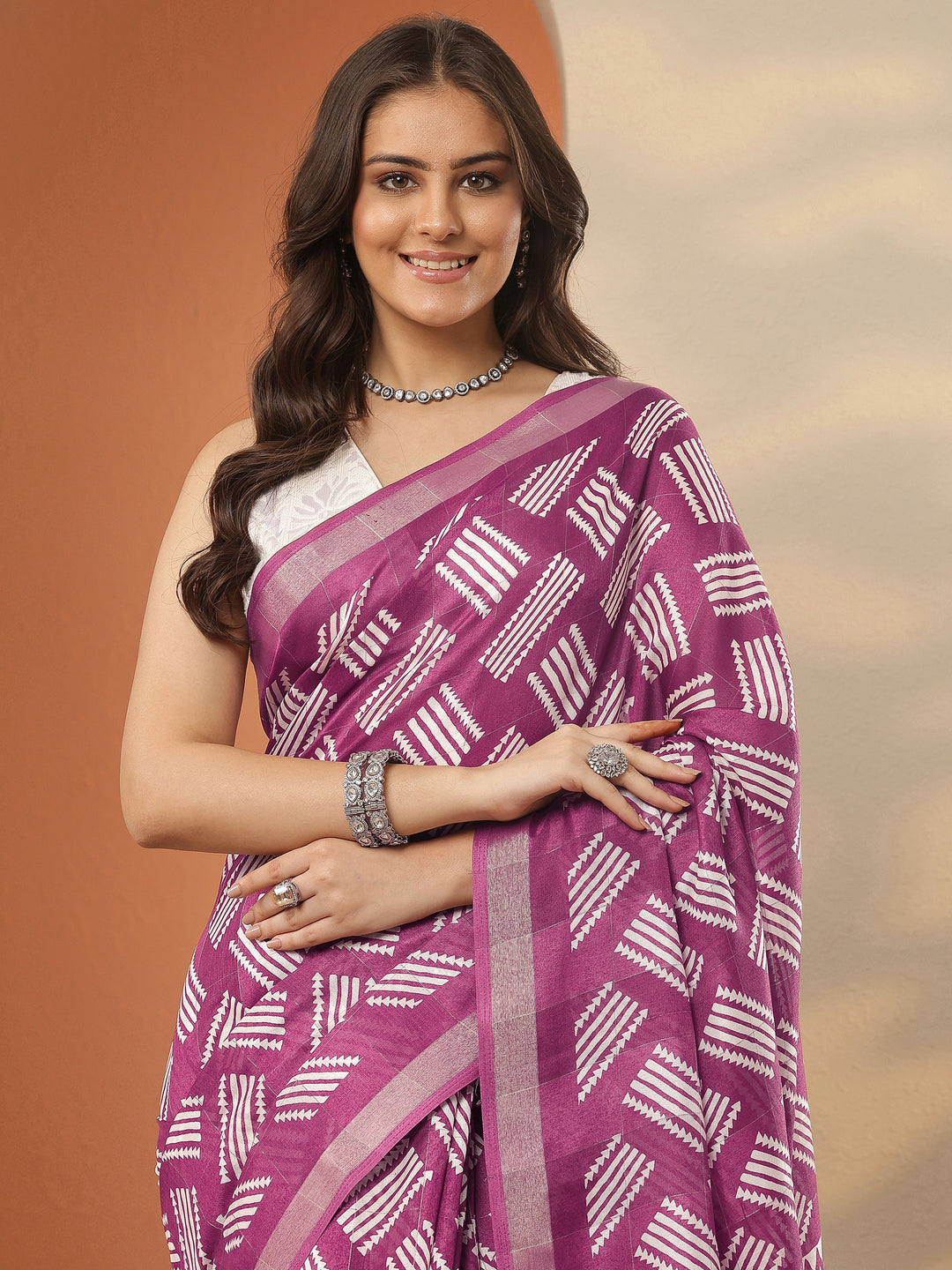 Mauve Printed Silk Blend Saree With Unstitched Blouse Piece 