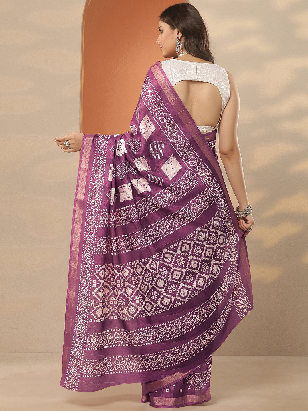  Mauve Printed Silk Blend Saree With Unstitched Blouse Piece 