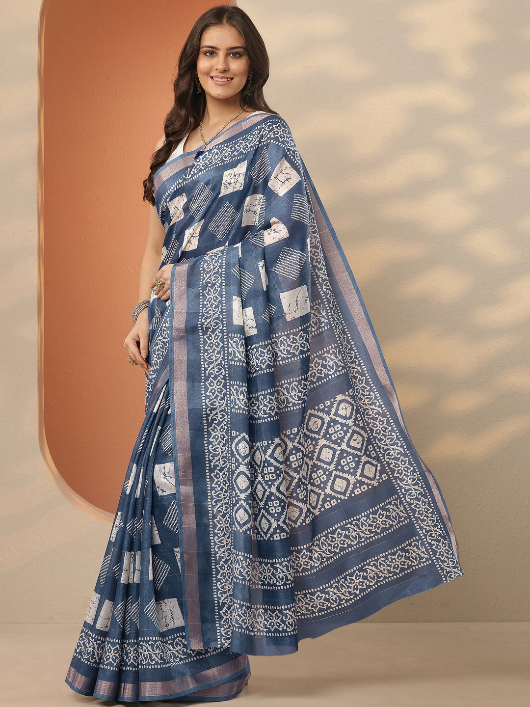  Blue Printed Silk Blend Saree With Unstitched Blouse Piece 