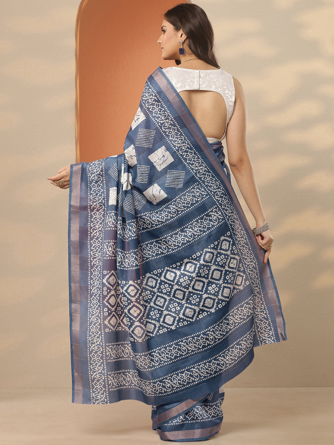  Blue Printed Silk Blend Saree With Unstitched Blouse Piece 