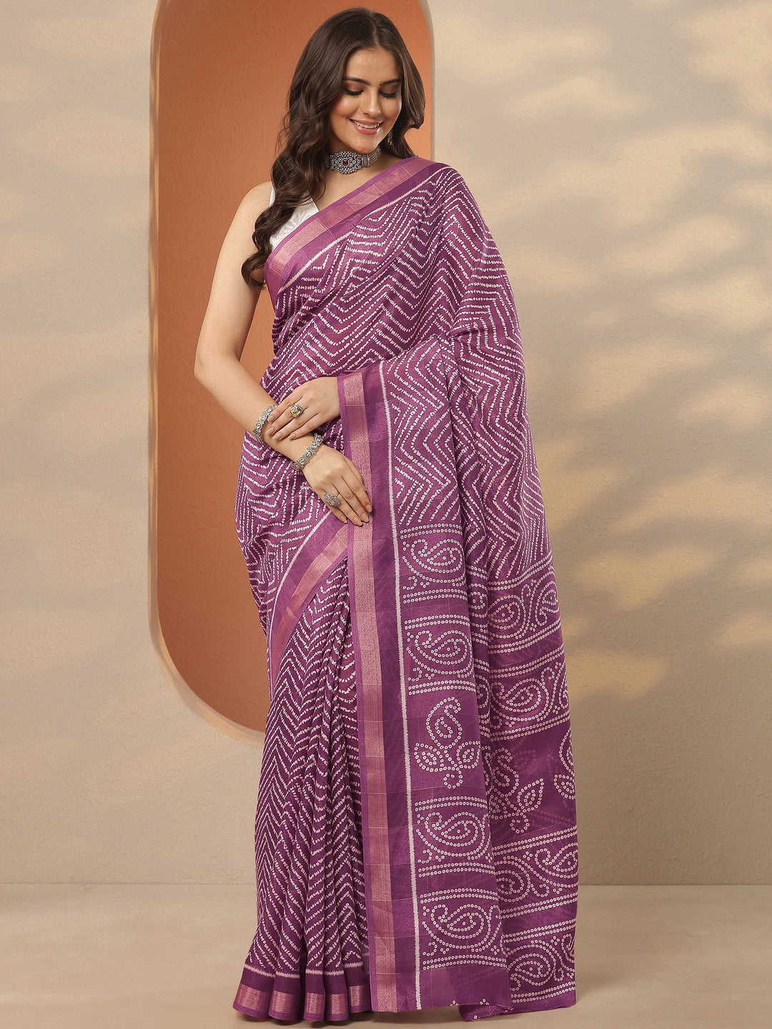  Mauve Leheriya Printed Silk Blend Saree With Unstitched Blouse Piece 