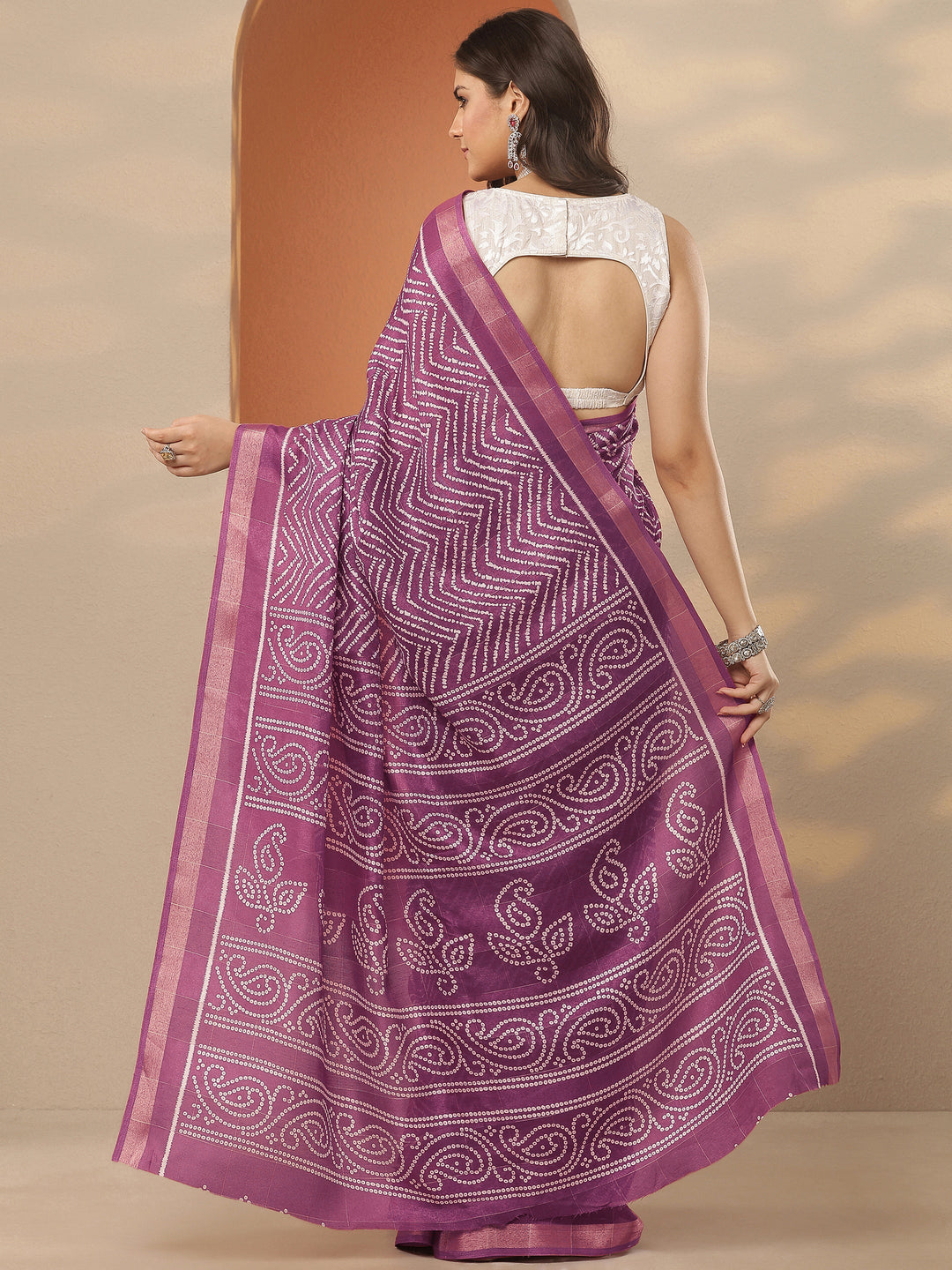  Mauve Leheriya Printed Silk Blend Saree With Unstitched Blouse Piece 