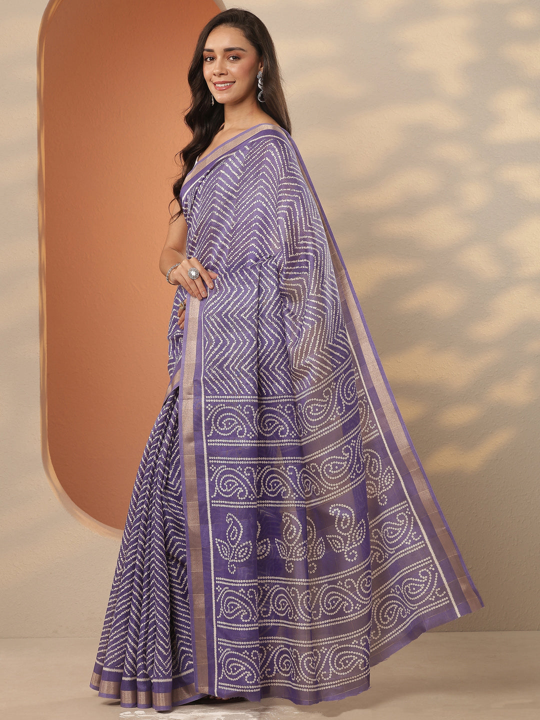  Lavender Leheriya Printed Silk Blend Saree With Unstitched Blouse Piece 