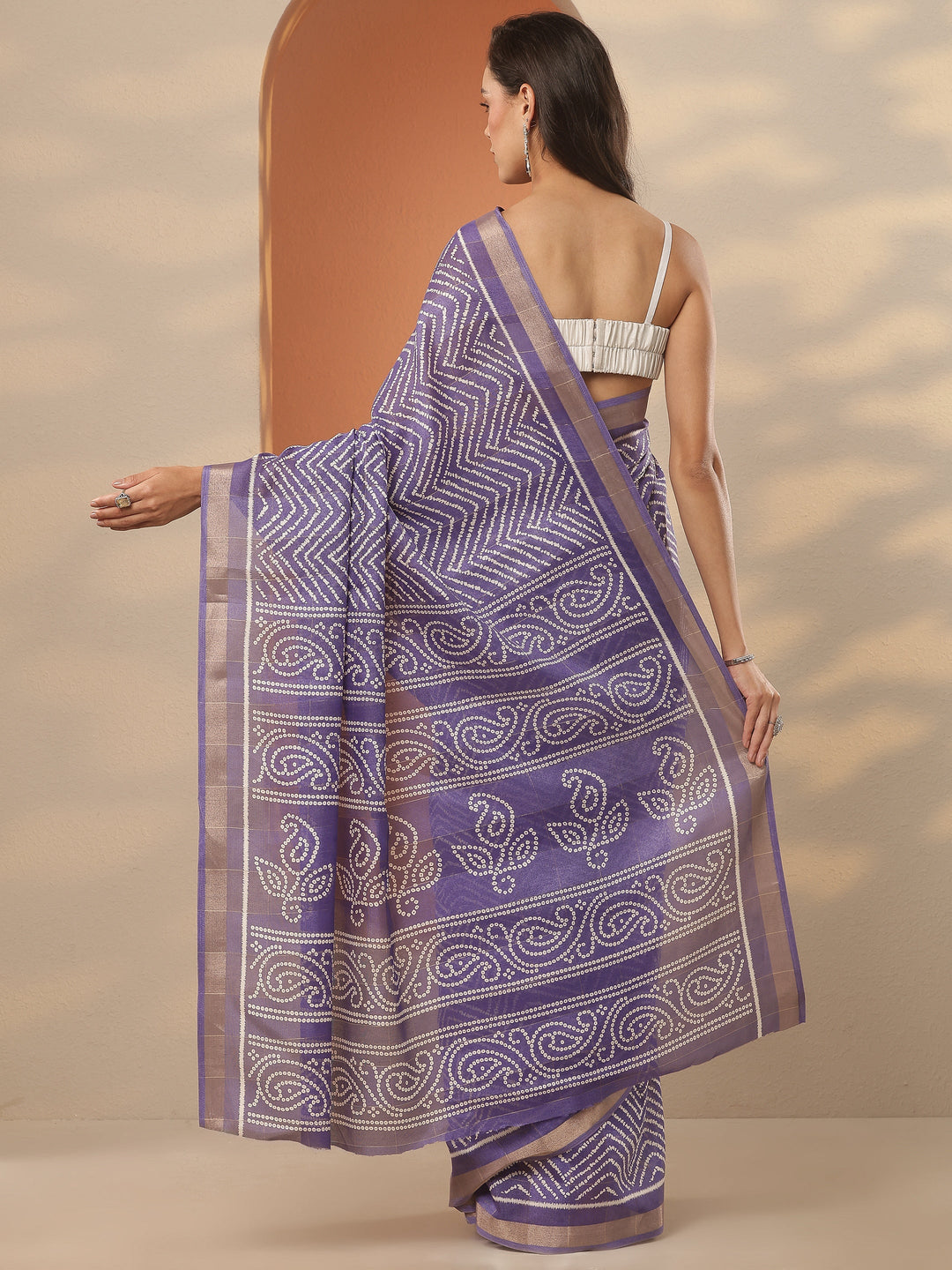  Lavender Leheriya Printed Silk Blend Saree With Unstitched Blouse Piece 