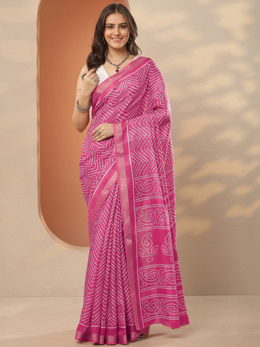  Pink Leheriya Printed Silk Blend Saree With Unstitched Blouse Piece 