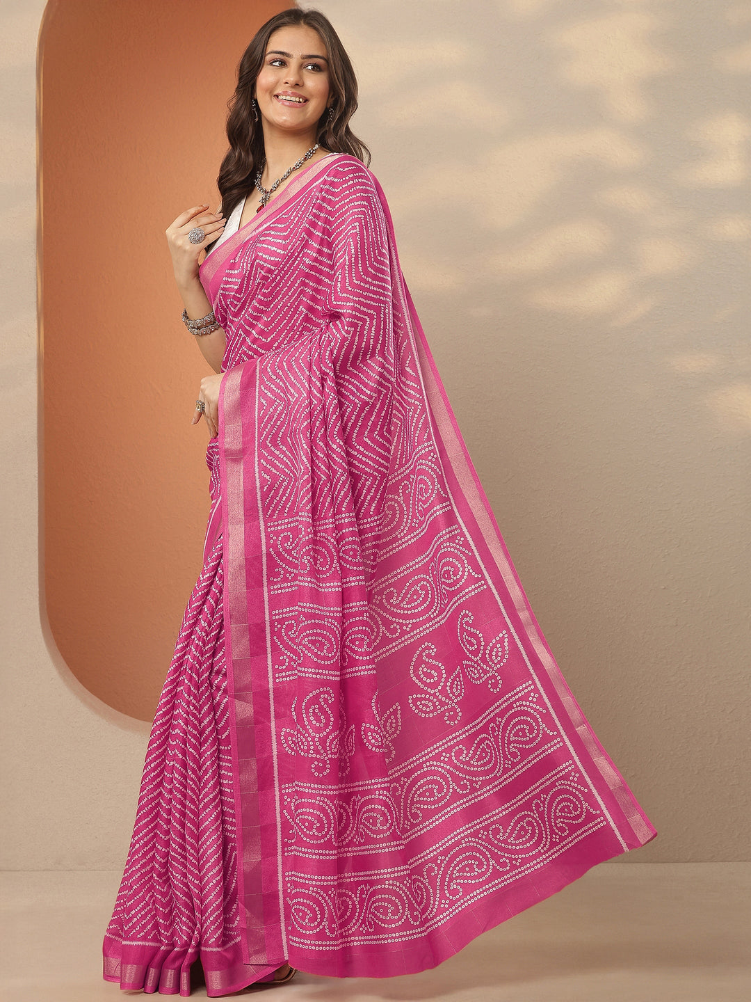  Pink Leheriya Printed Silk Blend Saree With Unstitched Blouse Piece 