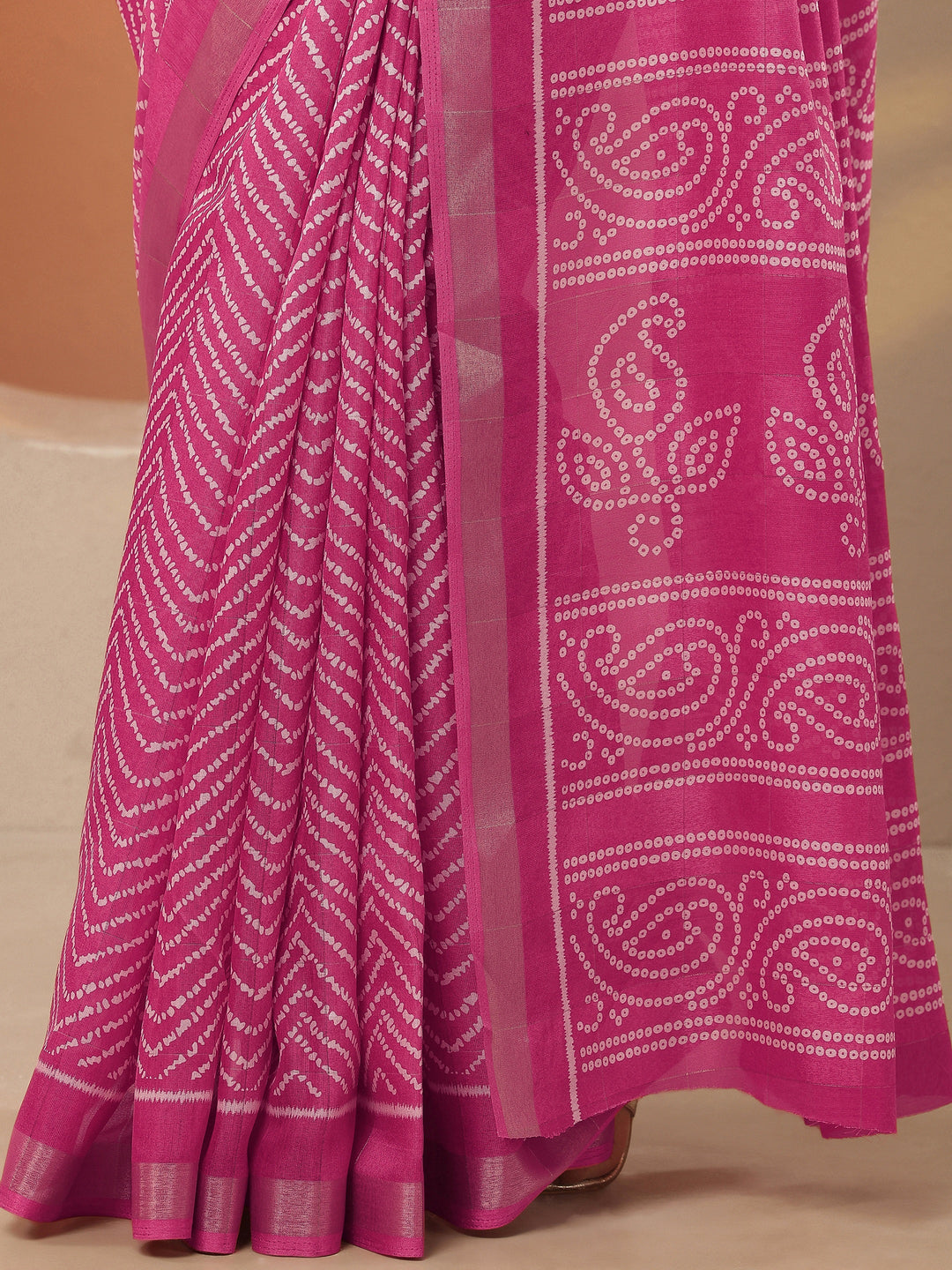  Pink Leheriya Printed Silk Blend Saree With Unstitched Blouse Piece 