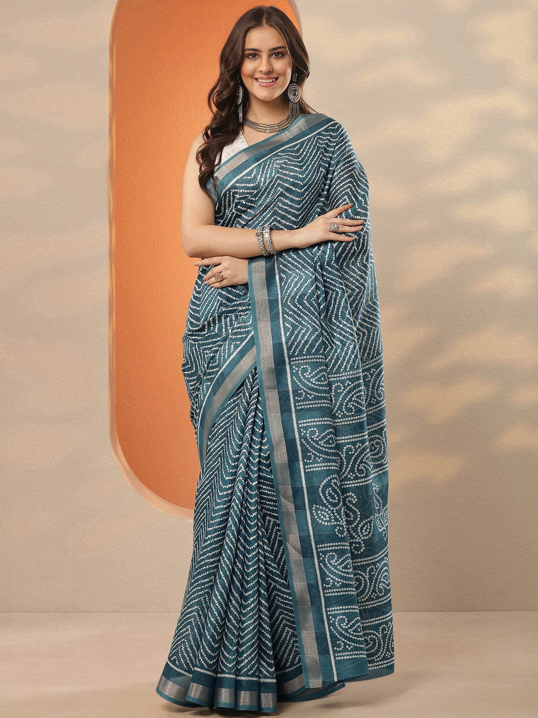  Green Leheriya Printed Silk Blend Saree With Unstitched Blouse Piece 