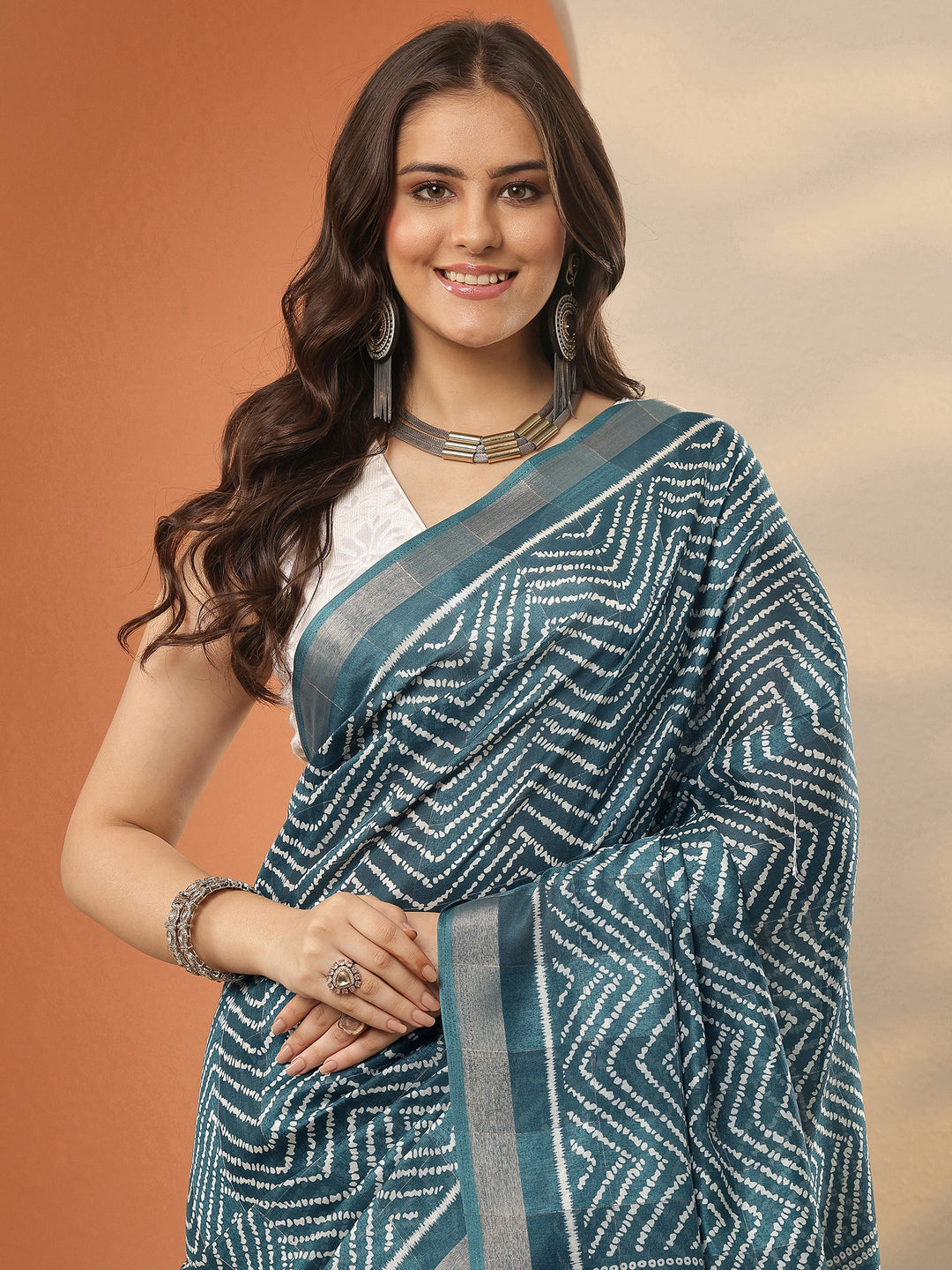  Green Leheriya Printed Silk Blend Saree With Unstitched Blouse Piece 