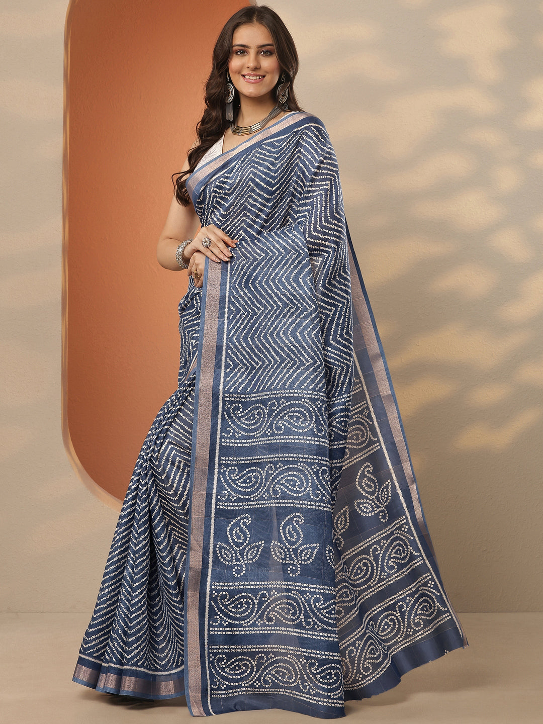  Blue Leheriya Printed Silk Blend Saree With Unstitched Blouse Piece 